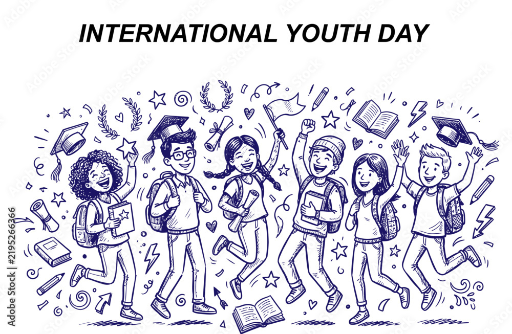 Obraz premium International youth day graphic with happy students jumping and celebrating youth education back to school academic success joyful youth learning