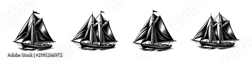 Nautical themed black and white sailing ship illustrations set silhouette art