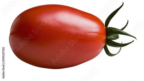 Фотография Isolated fresh red plum tomato with green calyx, healthy organic food ingredient