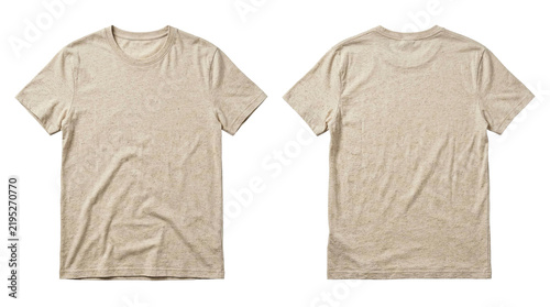 Beige heathered t-shirt mockup showing front and back views on a clean white background