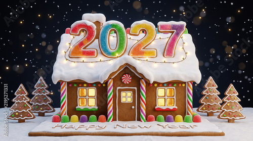 Festive gingerbread house decorated with colorful candy numbers 2027 and glowing lights for winter holiday celebration