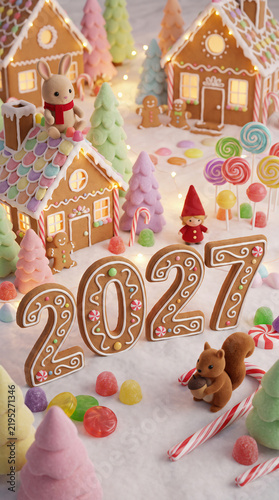 Charming festive 2027 gingerbread village miniature scene with colorful candy trees and sweet decorations