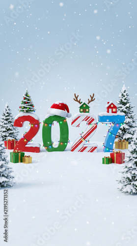 Christmas 2027 concept with festive numbers snow gifts and winter trees in a snowy landscape