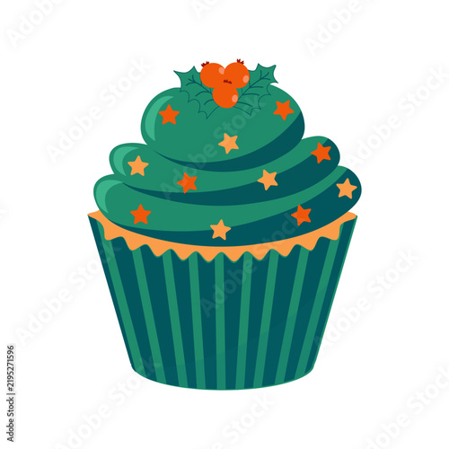 Christmas Cupcake with Holly Berries and Festive Stars
