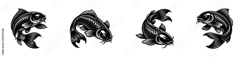 Fototapeta premium Set of black and white koi fish illustrations in vector style