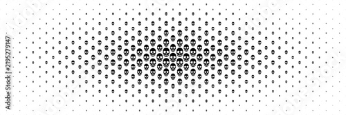 horizontal halftone of black skull spreading from center for pattern and background.