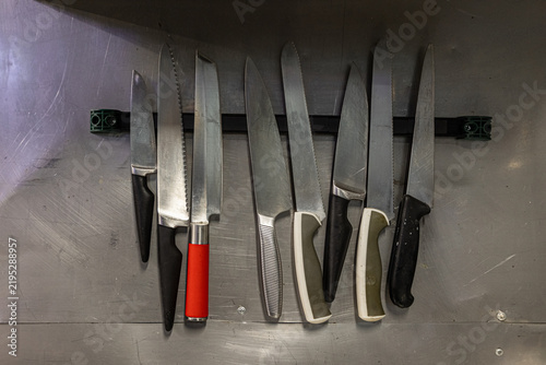 Collection of Professional Kitchen Knives on Magnetic Holder