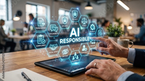 Responsible AI concept with a businessman touching a tablet showing a holographic interface with icons. The interface displays AI, responsible, security, compliance, and ethics symbols.