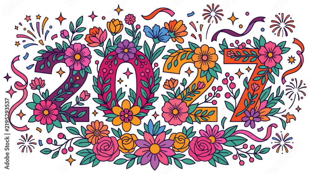 Fototapeta premium 2027 floral lettering composition with colorful blooming flowers and leaves for seasonal greeting cards.