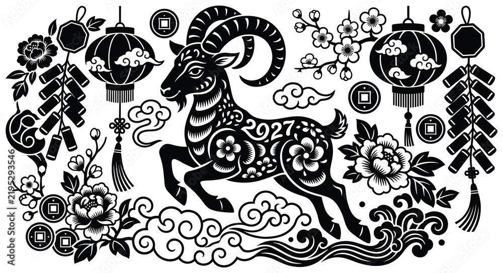 Fototapeta premium Chinese new year 2027 year of the goat paper cut style illustration.