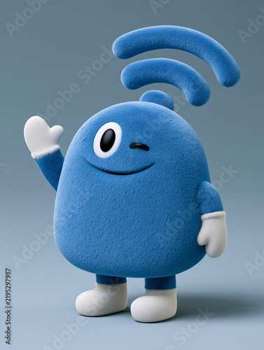Blue furry mascot character with wifi signals waving and winking
