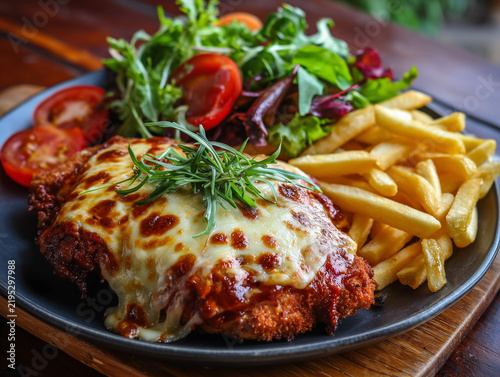Chicken parmigiana with melted cheese, fries, and fresh salad