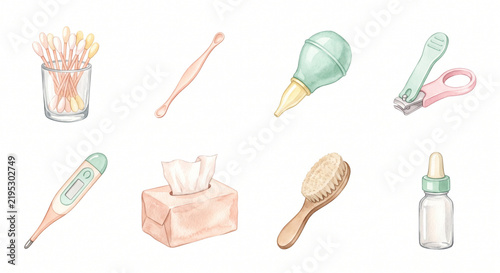 Naklejka 耳掃除と鼻水ケアのお手入れ用品 アイコンセット 水彩