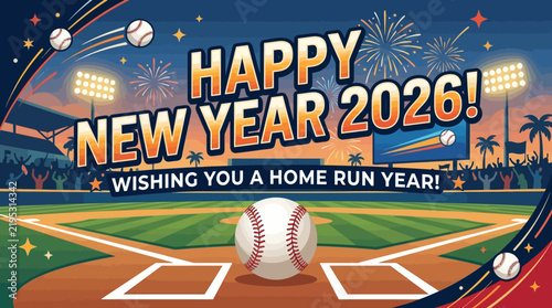 Happy New Year 2026 Baseball Themed Celebration With Fireworks And Stadium
