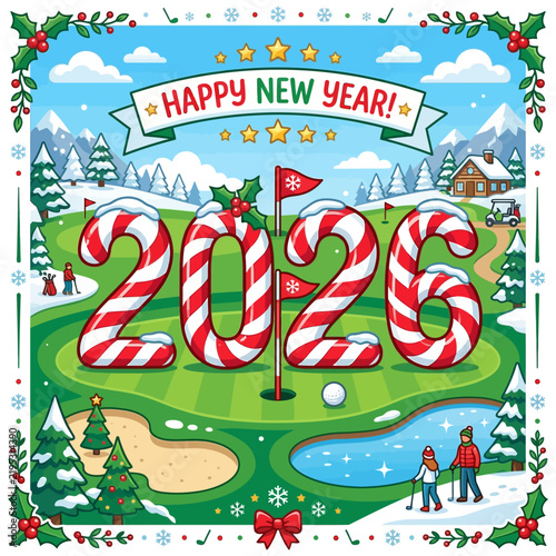 Happy New Year 2026 Candy Cane Golf Course Celebration Illustration