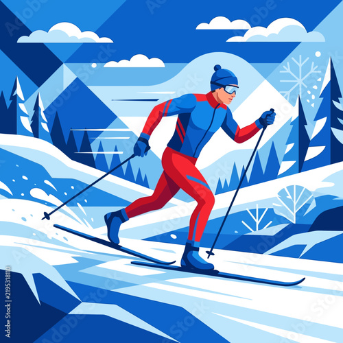 Dynamic Winter Athlete Cross Country Skiing Down Snowy Mountain Slope