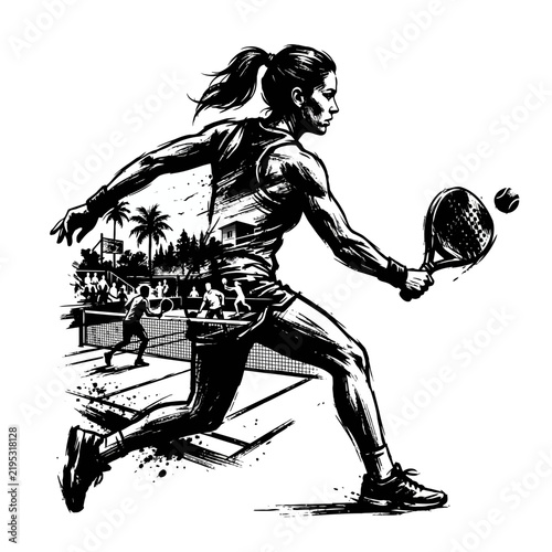 Dynamic Woman Athlete Playing Tennis With Tropical Background Illustration