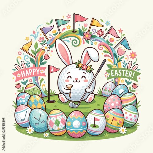 Easter Bunny Golf Ball Character With Colorful Eggs On Golf Course Festive Scene