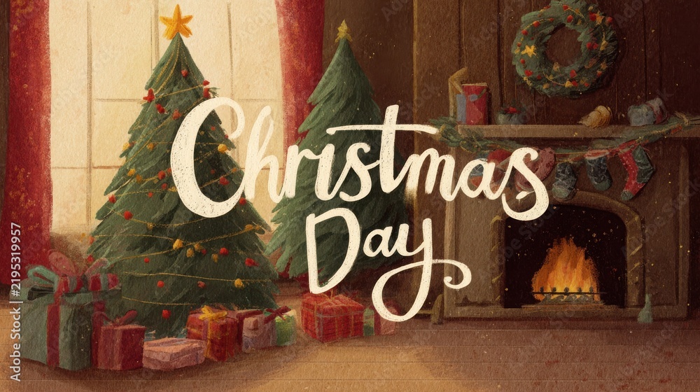 Obraz premium Illustrated cozy living room with decorated pine trees and fireplace for christmas celebration