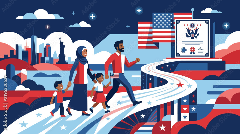 Obraz premium Diverse immigrant family walking towards US citizenship and American dream certificate