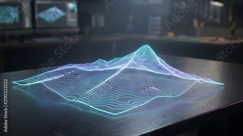 Holographic topographic map projection displaying mountain range and contour lines on a futuristic table.