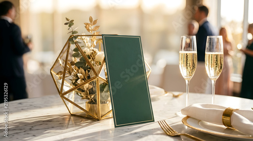Green blank menu card on elegant wedding table setting with gold geometric centerpiece and champagne glasses for luxury event celebration mockup.