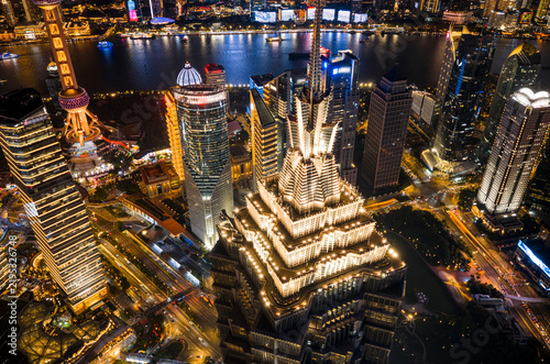 Photography The Shanghai CBD skyline in a stunning night aerial