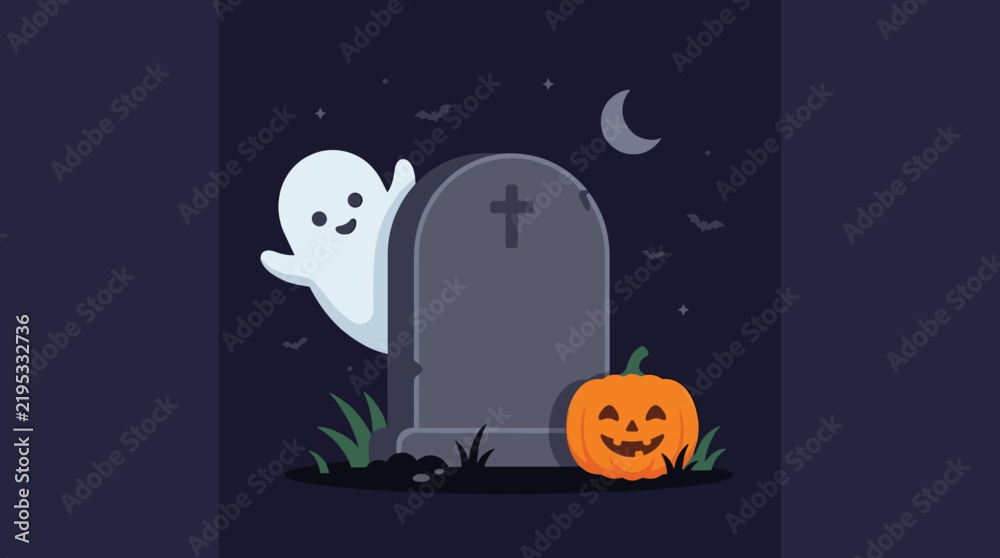 Fototapeta premium Spooky Halloween Night: A playful ghost peeks from behind a tombstone on a dark, starry Halloween night, with a carved pumpkin nearby, evoking a sense of eerie fun.