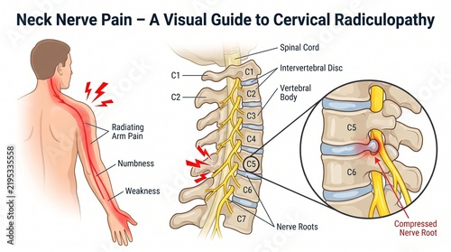 Cervical radiculopathy infographic showing neck nerve pain and anatomy