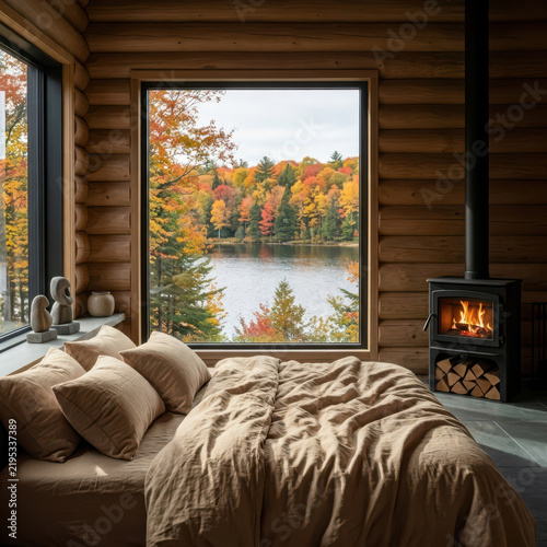 Cozy Log Cabin Bedroom with Stunning Autumn Lake and Forest View
