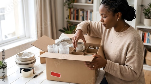 Woman packing delicate ceramics and home decor into cardboard box for shipping with shipping items moving house small business e commerce