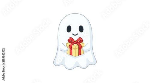 Cute cartoon ghost holding a brightly colored gift with a red bow