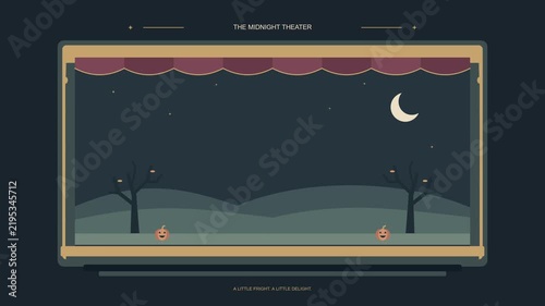 Spooky Lunar Halloween Theater Stage Background with Crescent Moon and Starry Night Sky Vector