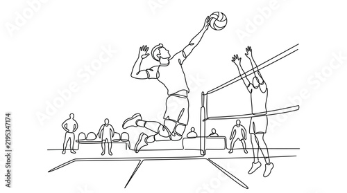 Dynamic Volleyball Match In Continuous Line Art Style Capturing Athleticism And Competition