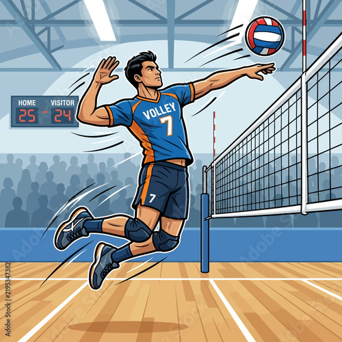 Dynamic Volleyball Player In Mid-Air During Competitive Indoor Match Action