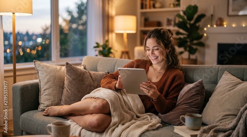 Happy young woman relaxing on a cozy sofa at home using a digital tablet in the evening.