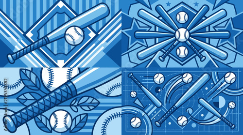 Dynamic Baseball Art Grid Featuring Bats And Balls In Blue Tones