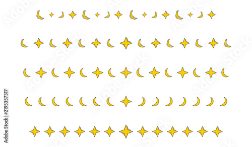 Crescent moon and star border set featuring a collection of cute yellow celestial elements arranged in repeating horizontal rows