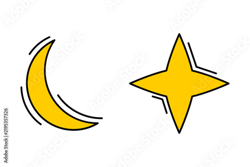 Cute crescent moon and four point star icons in bright yellow with bold black outlines and hand drawn decorative lines.