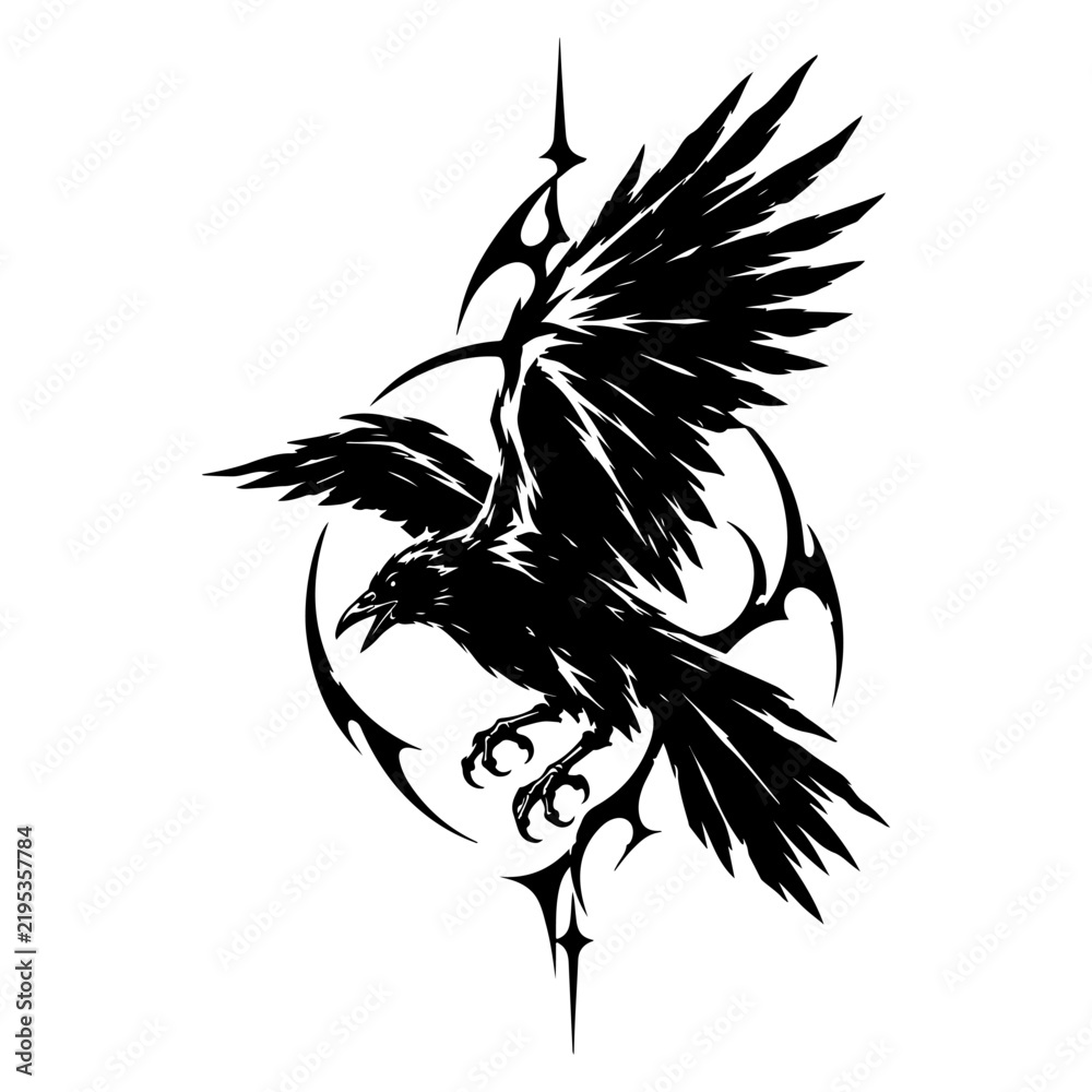 Obraz premium Tribal Raven in Flight Tattoo Flying Raven Gothic Design