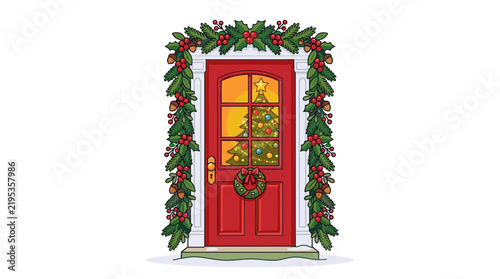 Festive red front door decorated with Christmas garland and wreath illustration.