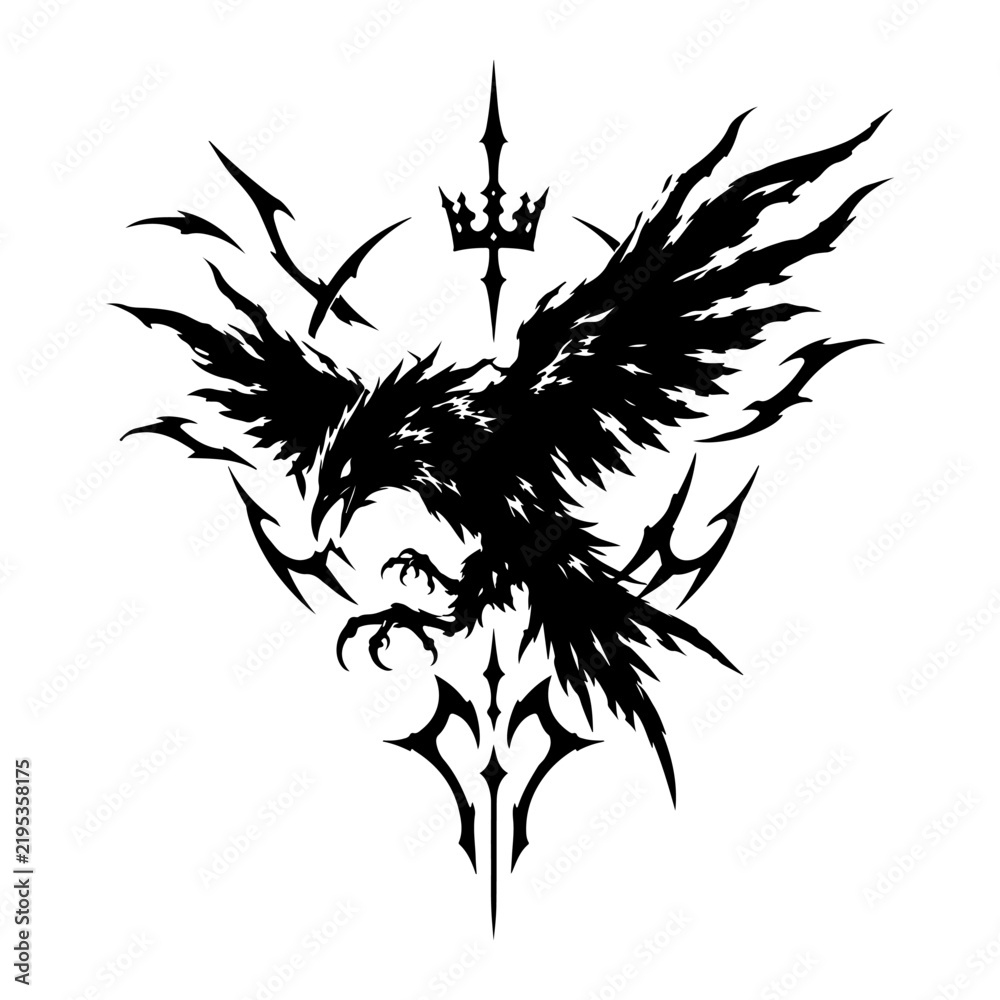 Obraz premium Tribal Raven with Crown and Ornamental Wings Black and White Vector Illustration Fierce Raven Emblem with Tribal Motifs Monochrome Gothic Tattoo Design
