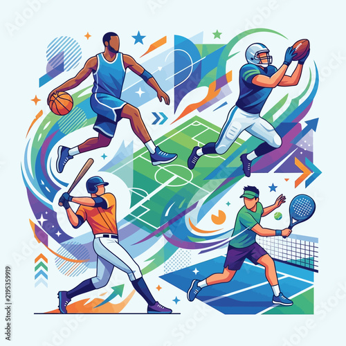 Diverse Athletes In Dynamic Action On Colorful Abstract Background