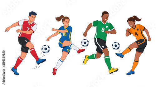 Diverse Athletes Playing Soccer Football Action Scenes Vibrant