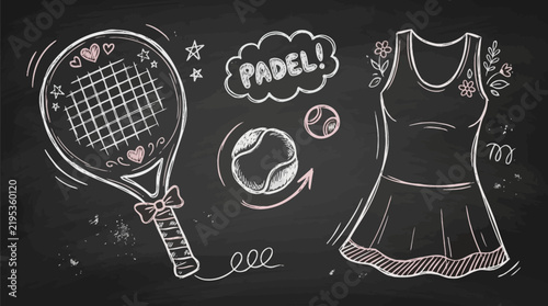 Chalkboard Doodle Art Of Padel Tennis Equipment And Apparel