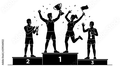 Celebratory Sports Victors On Podium With Trophy And Medals