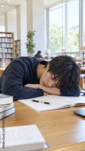 図書館で勉強中に机に突っ伏して居眠りしてしまう男子学生