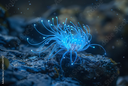 Bioluminescent blue sea anemone glowing on seabed with golden bokeh lights background macro photography