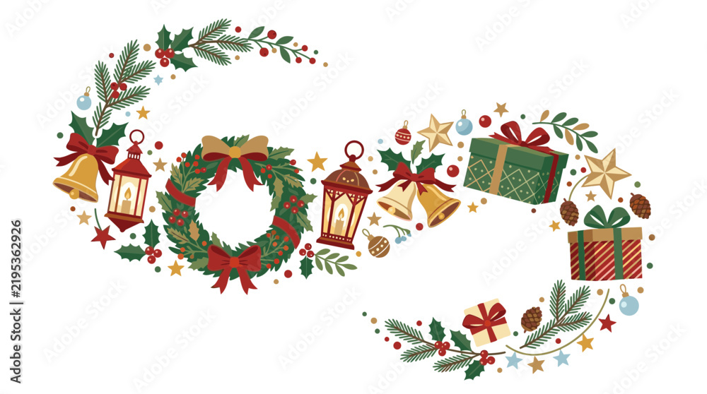 Fototapeta premium Watercolor Christmas infinity symbol garland with wreath bells lanterns and gifts.