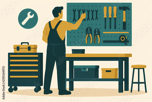 Flat vector illustration of a professional handyman or mechanic in overalls arranging manual tools on a pegboard in a tidy workshop garage with a workbench, stool, and tool chest.